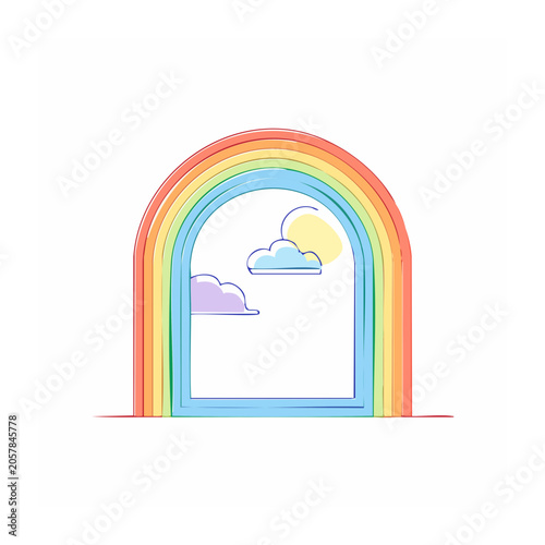 Flat design rainbow arch with cloud and window