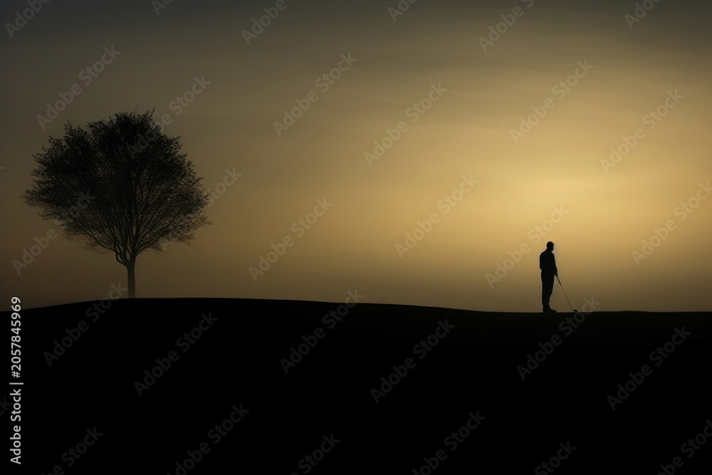 Fototapeta premium Golf club silhouette backlighting landscape.
