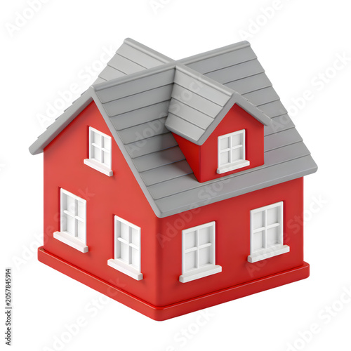 Detailed 3D illustration of a cozy red house with gray roof, white window frames.