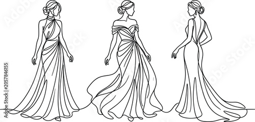 Fotografía Continuous Line Drawing Set of Elegant Women in Different Styles of Evening Gown