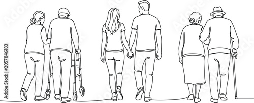 Continuous Line Drawing of Diverse Generations Walking Together Including Young Couple and Elderly People with Mobility Aids