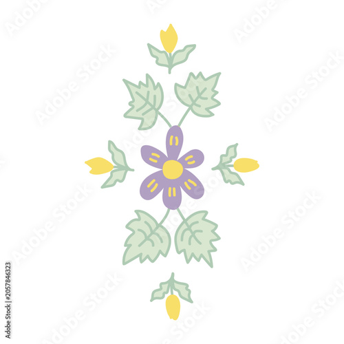 Hand-drawn vector floral element isolated on a white background. Symmetric botanical vignette with violet flower, yellow buds, and pastel green leaves in naive folk art style