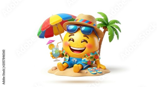 Cheerful summer emoji character on beach, happy yellow smiley face with tropical cocktail and sun hat, 3D vacation concept with palm tree isolated on White Background