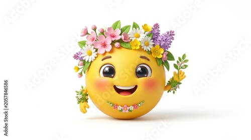 Cheerful yellow emoji character wearing a colorful spring flower crown, happy 3D smiley face with floral wreath, cute seasonal emoticon isolated on White Background