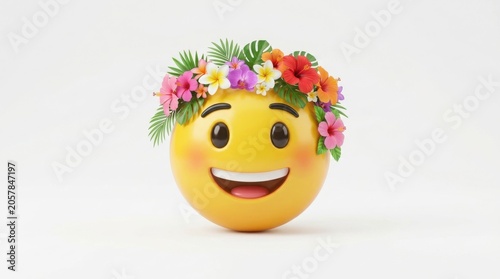 Tropical summer emoji with floral crown, happy yellow emoticon wearing exotic hibiscus and plumeria flowers, cheerful vacation character isolated on White Background