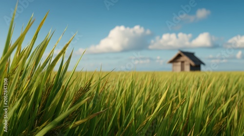 A peaceful rural scene featuring green rice plants in the foreground and a small wooden hut under a blue sky with scattered clouds.
