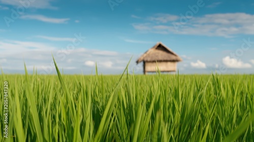 Green rice field under a bright blue sky with scattered clouds, featuring a small thatched hut in the distance.