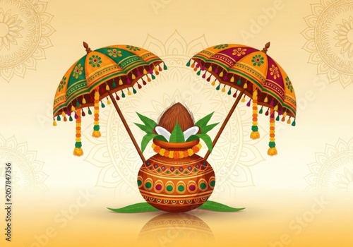 Traditional Onam Festival Illustration with Kalash and Decorative Parasols