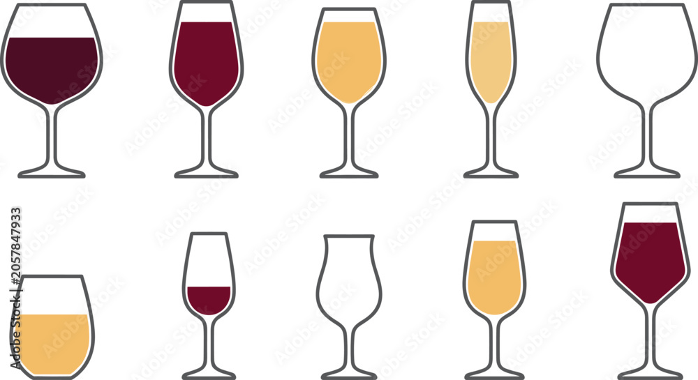 Obraz premium Wine glass and beverage stemware collection featuring red wine white wine champagne and tasting glasses vector illustration set