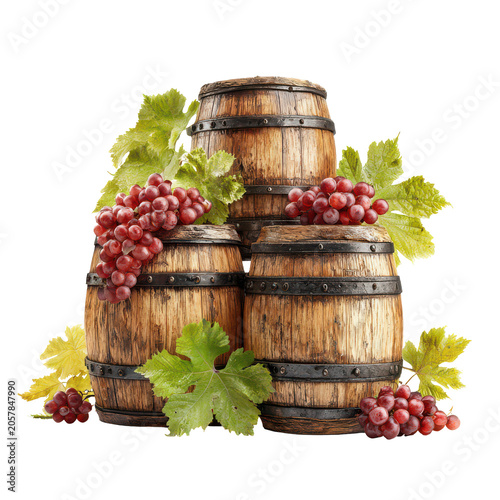 Wooden wine barrels with ripe red grapes and green leaves during harvest season