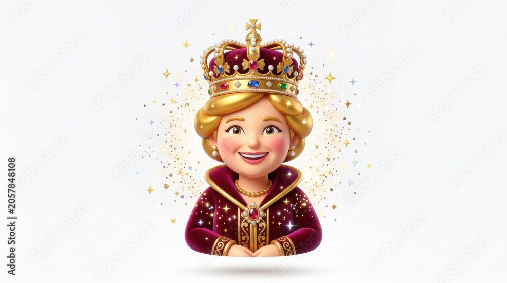 Fototapeta premium Royal queen character in 3D cartoon style, smiling monarch wearing golden crown and velvet robe, majestic female royalty with sparkling glitter isolated on White Background