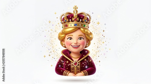 Royal queen character in 3D cartoon style, smiling monarch wearing golden crown and velvet robe, majestic female royalty with sparkling glitter isolated on White Background