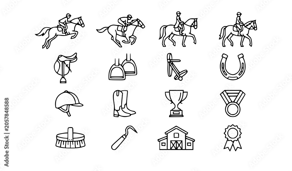 Obraz premium Professional Equestrian Sports Vector Icon Collection with Editable Outline Stroke