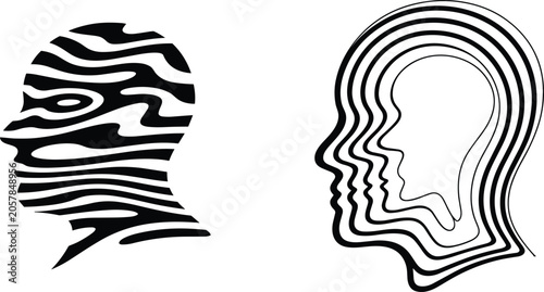 Quadro su tela Abstract human head silhouettes with optical illusion zebra stripes and multiple