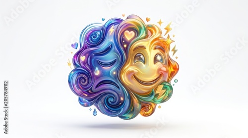 Vibrant rainbow brain illustration, colorful human mind with happy face, mental health and emotional intelligence concept art isolated on White Background