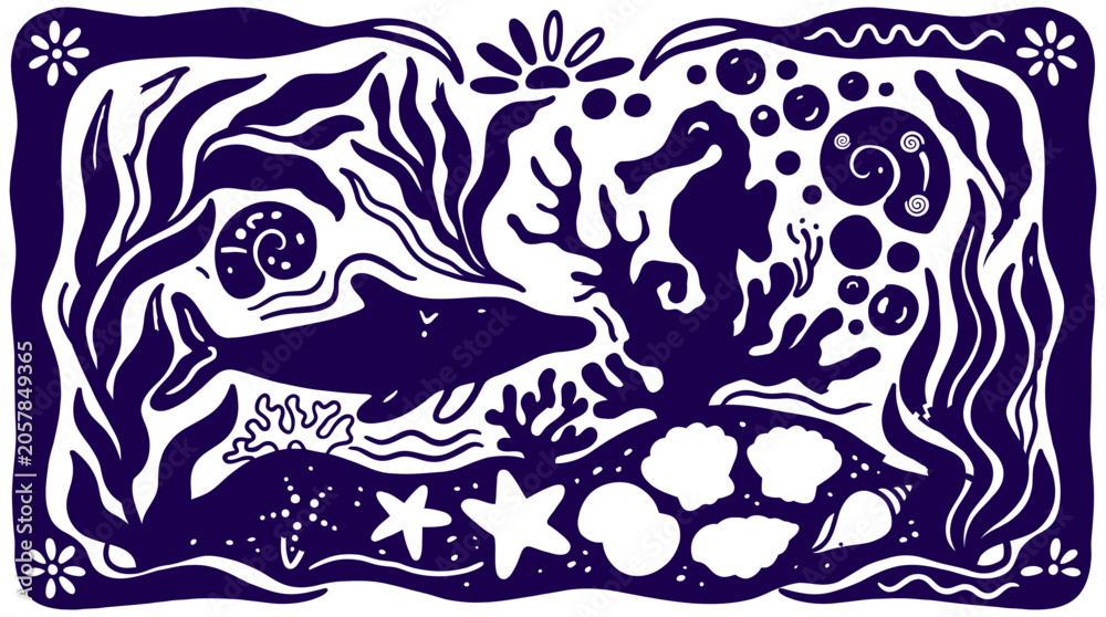 Fototapeta premium Blue and white underwater linocut graphic vector illustration featuring dolphin, seahorse, sea life, and summer marine nature elements