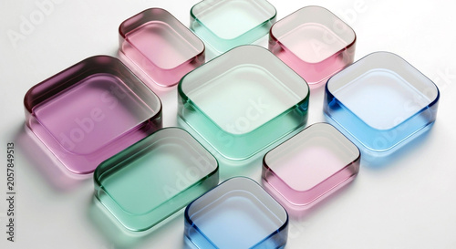 Top view of various colorful glass containers isolated on white background
