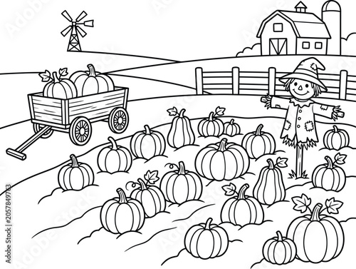 Fotografie A charming black and white coloring page showing a rustic pumpkin patch near a country farm