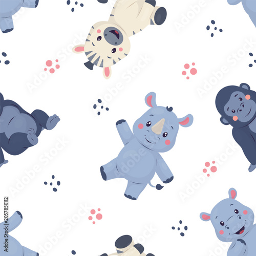 Seamless pattern with cute cartoon animals rhinoceros, monkey and zebra.Vector illustration in soft style.Playful background for children's textiles, children's room decor, wallpaper, packaging, print