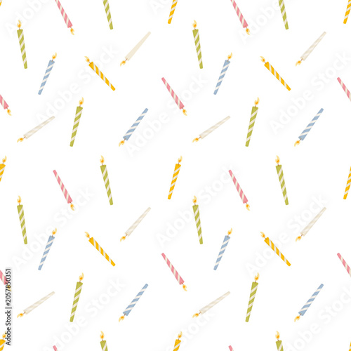 Seamless pattern with colorful birthday candles with flames in scattered layout. Vector illustration in soft flat minimal style. Festive background for party decor, wrapping paper, cards and design