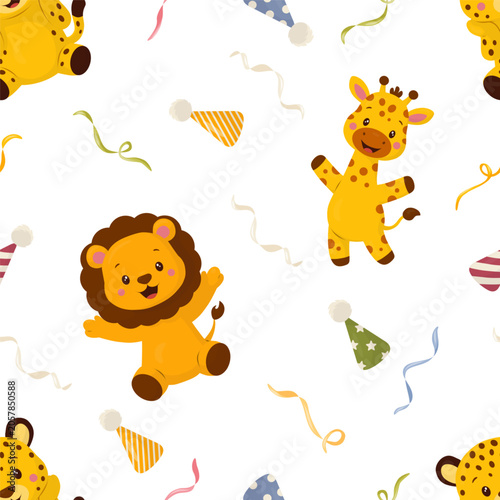 Seamless pattern with cute lion, giraffe, leopard, party hats and ribbons.Vector illustration.Playful background for children's textiles, children's room decor, packaging, wallpaper, print.