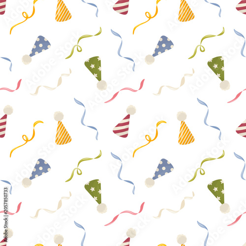 Seamless pattern with party hats and ribbons. Vector illustration in soft flat style. Festive background for birthday decor, kids textile, wrapping paper, wallpaper, packaging and print design.