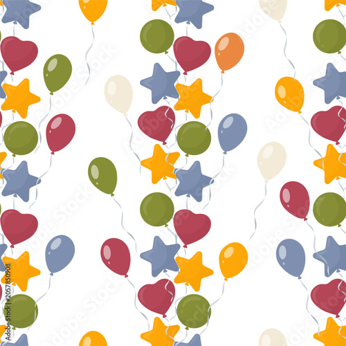 Seamless pattern with colorful balloons in heart, star and oval shapes. Vector illustration in soft flat style. Festive background for birthday, party decor, wrapping paper, cards and design