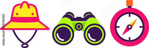 Konstfotografi Adventure Safari Travel Icon Set Featuring Yellow Safari Pith Hat Green Binocula