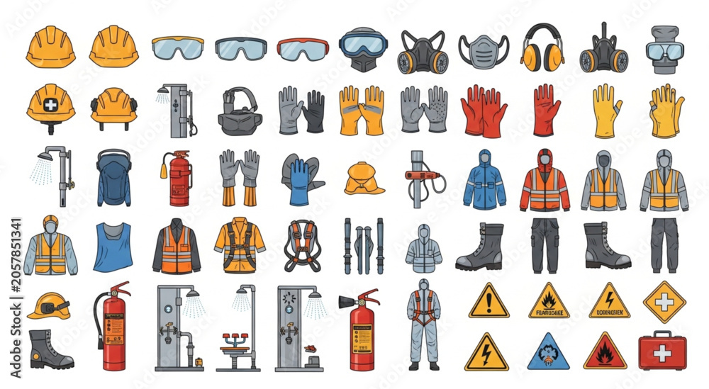 Fototapeta premium Workers in various uniforms and safety gear with tools and signs