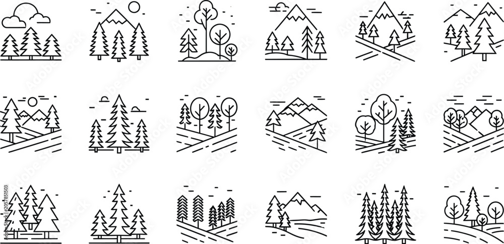 Fototapeta premium Set of nature landscape icons featuring mountains forests and trees in a minimalist black line art style