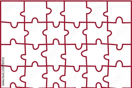 Jigsaw puzzle pieces connected red outline on white background