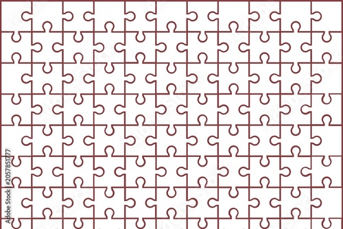 Top view of scattered white jigsaw puzzle pieces forming incomplete pattern on light background