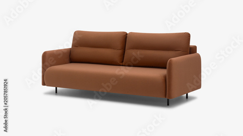 Fotografi Brown fabric sofa with ergonomic backrest and modern black metal support