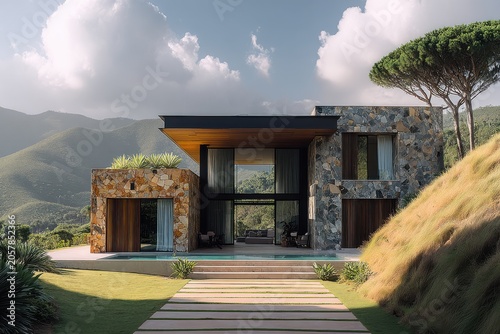 Modern house overlooks hills and features a clear pool with a scenic view of mountains under a blue sky during daylight hours