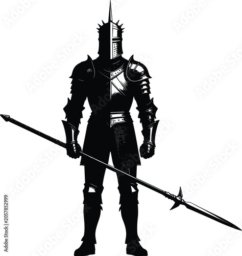 Fotografía Silhouette of Medieval Knight in Full Armor Holding Spear, Isolated on White Bac