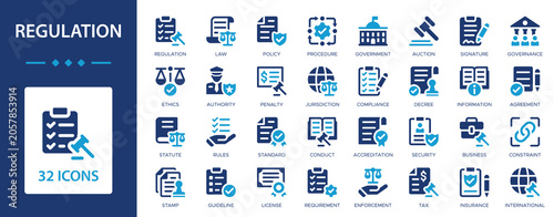 Regulation flat icons collection. Law, policy, government, compliance, rules, standard, agreement, justice sign set.