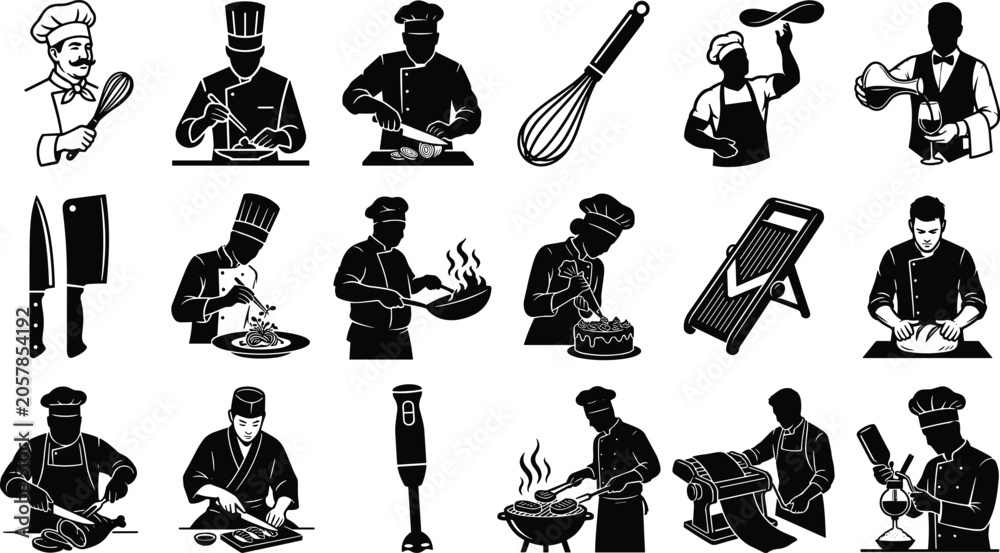 Obraz premium WebProfessional chef and restaurant icons set featuring culinary staff preparing food and cooking tools isolated on white background