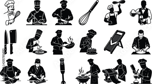WebProfessional chef and restaurant icons set featuring culinary staff preparing food and cooking tools isolated on white background