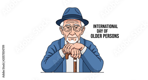 Illustration of an elderly man wearing a hat and glasses with a cane for International Day of Older Persons.