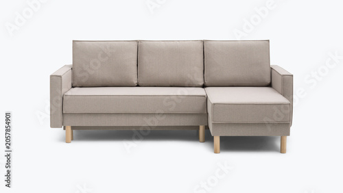 Bild auf Leinwand Modern beige fabric sectional sofa with chaise and wooden legs on white