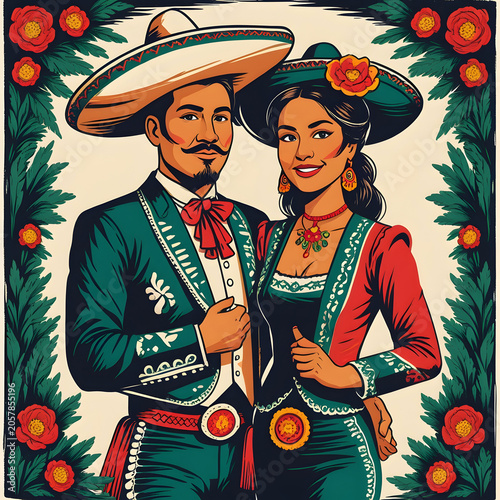 Linocut style illustration of mariachi couple in traditional Mexican attire