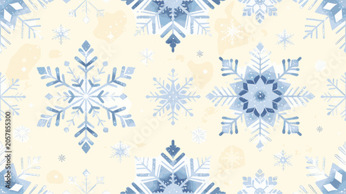 Cuadro en lienzo Seamless pattern of various blue and light blue snowflakes on a soft cream background, evoking a winter holiday theme