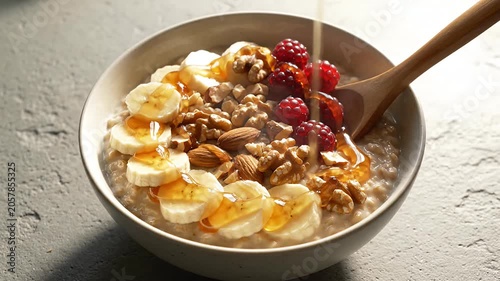 Warm oatmeal bowl with banana, walnuts, and honey.