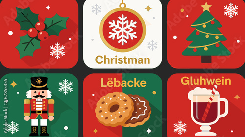 Fotografía A collection of six flat design Christmas-themed icons featuring holly, an ornament, a tree, a nutcracker, cookies, and mulled wine