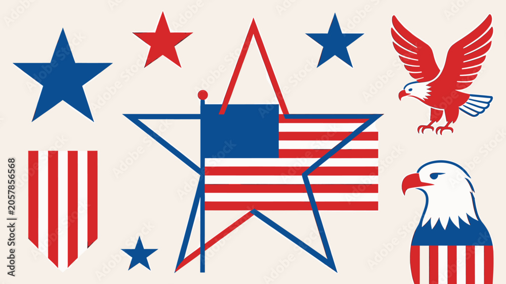 Obraz premium Collection of patriotic American symbols including stars, stripes, and bald eagles, representing the USA.