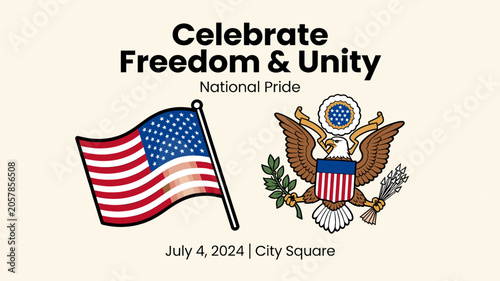Konstfotografi An illustration celebrating American freedom and unity, featuring the US flag and the Great Seal, for a July 4th event in City Square