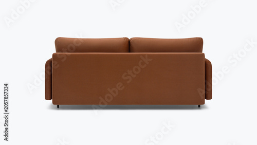 Modern minimalist brown fabric sofa isolated on a plain white studio