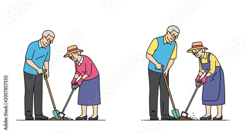 Senior couple working in the garden together with tools.