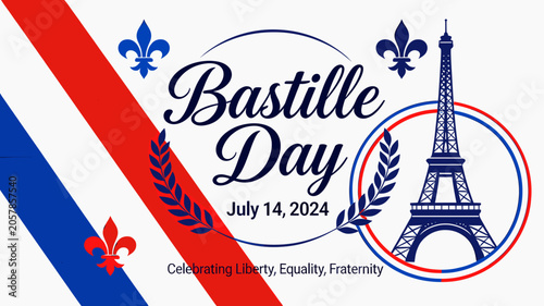 Bild auf Leinwand A graphic celebrating Bastille Day on July 14, 2024, featuring the Eiffel Tower, French flag colors, fleur-de-lis, and the motto Liberty, Equality, Fraternity