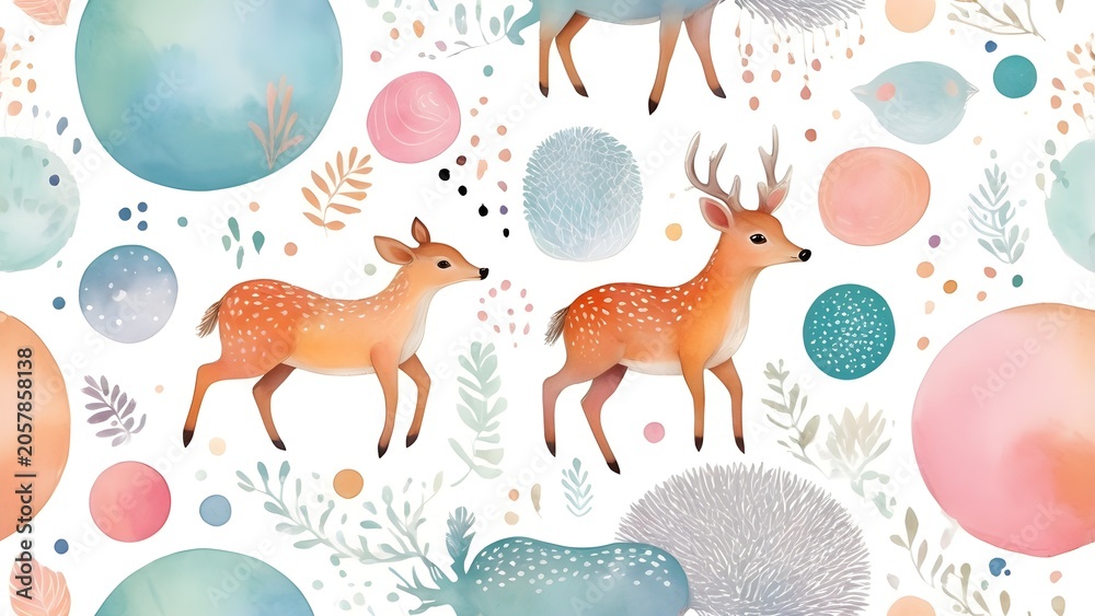 Obraz premium Whimsical watercolor seamless pattern with deer and fawns amidst pastel abstract shapes and delicate botanical elements on white.